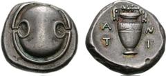 BOIOTIA, Thebes. Circa 395-338 BC. AR Stater (11.96 g). Anti-, magistrate. Struck circa 390-382 BC. Boiotian shield / Amphora; above, club left; A-N / T-I in two lines across field; all within incuse 