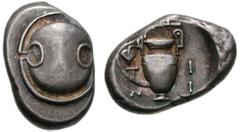 BOIOTIA, Thebes. Circa 395-338 BC. AR Stater (12.24 g). Timi-, magistrate. Struck circa 390-382 BC. Boiotian shield / Amphora, ivy leaf hanging from left handle; above, club left; T-I/M-I in two lines