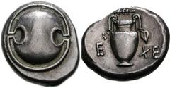BOIOTIA, Thebes. Circa 395-338 BC. AR Stater (12.20 g). Eche-, magistrate. Struck circa 390-382 BC. Boiotian shield / Amphora, ivy leaf hanging from each handle; above, club left; E-XE across field; a