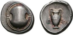 BOIOTIA, Thebes. Circa 395-338 BC. AR Stater (12.21 g). Eche-, magistrate. Struck circa 390-382 BC. Boiotian shield / Amphora; E-XE across field; all within incuse concave circle. Hepworth 47 (this co
