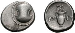 BOIOTIA, Thebes. Circa 395-338 BC. AR Stater (12.15 g). (W)ast-, magistrate. Struck circa 390-382 BC. Boiotian shield / Amphora, ivy branch with three leaves and berries sprouting forth above; FA-ST a