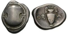 BOIOTIA, Thebes. Circa 395-338 BC. AR Stater (11.99 g). Charo-, magistrate. Struck circa 379-368 BC. Boiotian shield / Amphora; ivy wreath above, O(R retrograde)-A(archaic X) across field; all within 