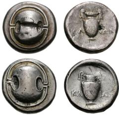 BOIOTIA, Thebes. Circa 395-338 BC. Lot of two fourrée staters. Both coins: 11.20 g. Klion-, magistrate. Struck circa 368-364 BC. Boiotian shield / Amphora; KLI-WN across field; all within incuse conca