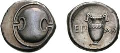 BOIOTIA, Thebes. Circa 395-338 BC. AR Stater (12.07 g). Epam(inondas), magistrate. Struck circa 364-362 BC. Boiotian shield / Amphora; EP-AMAÂ across field; all within incuse concave circle. Hepworth,