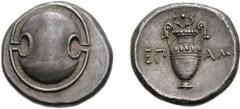 BOIOTIA, Thebes. Circa 395-338 BC. AR Stater (12.25 g). Epami(nondas), magistrate. Struck circa 364-362 BC. Boiotian shield / Amphora; rose above, EP-AM/I in two lines across field; all within incuse 