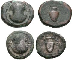 BOIOTIA, Thebes. Circa 395-338 BC. Lot of two fourrée staters. (a) 9.09 g. Diok-, magistrate. Struck circa 363-338 BC. Boiotian shield / Amphora; DI-OK across field; all within incuse concave circle. 