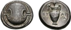 BOIOTIA, Thebes. Circa 395-338 BC. AR Stater (12.24 g). Eu(w)ara-, magistrate. Struck circa 363-338 BC. Boiotian shield / Amphora; above, [club right] above grape bunch on vine; EY-AP/A in two lines a