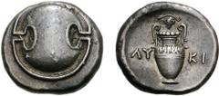 BOIOTIA, Thebes. Circa 395-338 BC. AR Stater (12.24 g). Lyki(no)-, magistrate. Struck circa 363-348 BC. Boiotian shield / Amphora; grape bunch on vine above, LU-KI across field; all within incuse conc
