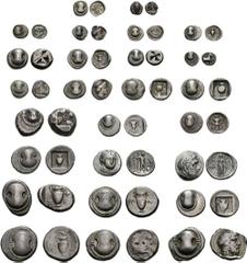 Lot of 26 different Boiotian AR. (a) Federal Coinage. 395-387 BC. AR Stater (11.64 g). As lot 12. BMC p. 37, 49, pl. V, 15. (b) Federal Coinage. Circa 395-340 BC. AR Hemidrachm (2.49 g). As lot 25. De