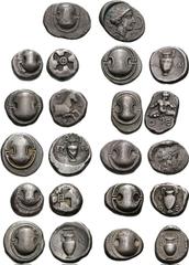 Lot of 11 different Boiotian AR Staters. (a) Federal Coinage. 395-387 BC. AR Stater (11.60 g). As lot 15. Hess-Leu 28 (5 May 1965), lot 177. Rare. (b) Haliartos. Circa 475-450 BC. AR Stater (12.18 g).