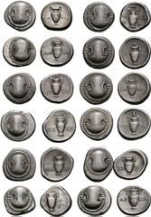 Lot of 12 different Theban Magistrate AR Staters. (a) Thebes. Circa 395-338 BC. AR Stater (11.93 g). Anti-, magistrate. Struck circa 390-382 BC. As lot 476. Hepworth 7. (b) Thebes. Circa 395-338 BC. A
