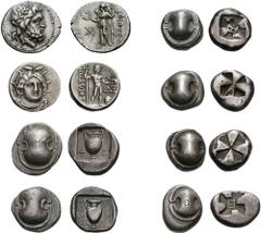 Lot of 8 different Boiotian AR Drachms. (a) Federal Coinage. Circa 304-294 BC. AR Drachm (5.49 g). As lot 62. BMC p. 34, 17, pl. V, 7. (b) Federal Coinage. Circa 304-294 BC. AR Drachm (5.68 g). As lot