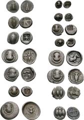 Lot of 24 different Boiotian AR Fractions. (a) Federal Coinage. Circa 395-340 BC. AR Obol (0.81 g). As lot 46. SNG Cop. 178. Struck on an unusually large flan. (b) Koroneia. Circa 500-450 BC. AR Obol 