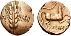 CELTIC, Britain. The Trinovantes. Cunobeline. Circa 10-43 AD. AV Stater (5.47 g, 6h). Wild Series A. [C]A MV, grain ear / CVNO below prancing horse; branch above. Hobbs 1784; Van Arsdell 1931-1; SCBC 