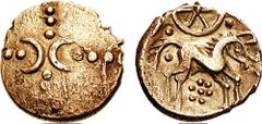 CELTIC, Britain. The Iceni. Uninscribed. Circa 45-40 BC. AV Stater (5.53 g). Early Middle Freckenham type. Crossed wreaths consisting of schematic crescents and pellets / Celticized horse right; wheel