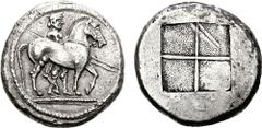 KINGS of MACEDON. Alexander I. 498-454 BC. AR Oktadrachm (28.63 g). Struck circa 492-480/79 BC. Horseman, wearing chlamys and petasos, holding two spears, leading horse right / Quadripartite incuse sq