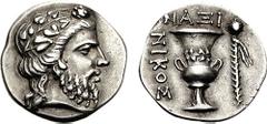 CYCLADES, Naxos. Early 2nd century BC. AR Didrachm (7.77 g, 1h). Nikos, magistrate. Head of Dionysos right, wearing ivy wreath / NAXI, garlanded crater; NIKOS to left, filleted thyrsos to right. Cf. N