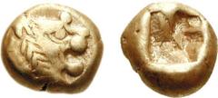 KINGS of LYDIA. Time of Alyattes II. Late 7th-early 6th century BC. EL Hemihekte ­ 1/12 Stater (1.16 g). Head of roaring lion right, sun with multiple rays on forehead / Incuse square punch. Weidauer 