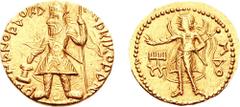 [Ancient] INDIA, Kushans. Kanishka I. Circa 127/8-152 AD. AV Dinar (8.00 g, 12h). Mint I (A). PAONANOPAO KA- NHPKI KOPANO, Kanishka standing facing, head left, holding goad over altar in right hand, s