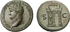 NERO. 54-68 AD. Æ Sestertius (27.76 g, 6h). Lugdunum (Lyon) mint. Struck circa 65 AD. NERO CLAVD CAESAR AVG GER P M TR P IMP P P, laureate head left, globe at point of bust (early form) / Triumphal ar