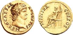 NERO. 54-68 AD. AV Aureus (7.39 g, 5h). Struck circa 64-65 AD. IMP NERO CAESAR AVGVSTVS, laureate head right / IVPPITER CVSTOS, Jupiter seated left, holding thunderbolt in right hand, sceptre in left.