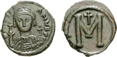 JUSTINIAN I. 527-565 AD. Æ Follis (8.21 g, 6h). Salona mint. Struck 541-552 AD? DN IVSTINI ANVS PP, diademed, helmeted, and cuirassed facing bust, holding globus cruciger and shield; cross in right fi