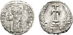 CONSTANS II. 641-668 AD. AR Half Miliaresion or Siliqua (2.07 g, 6h). Constantinople mint. Struck 652-654 AD. d N CONSTAN TINUS PP AV, Constans, crowned and wearing chlamys, standing facing, holding g