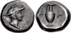 Greek MACEDON, Kampsa (Kapsa). Late 5th-early 4th centuries BC. AR Diobol (10mm, 1.20 g, 5h). Head of Hermes right, wearing winged petasos / One-handled lekythos; K-A flanking. HGC 3, 528 (this coin r