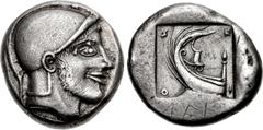 Greek MACEDON, Skione. Circa 480-470 BC. AR Tetradrachm (23mm, 16.57 g, 3h). Head of Protesilaos right, wearing Attic helmet with crest inscribed ΠPO[TEΣΛ]AΣ (retrograde) / Stern of galley, with aphla