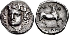 Greek THESSALY, Larissa. Circa 356-342 BC. AR Stater (23mm, 12.24 g, 1h). Head of the nymph Larissa facing slightly left, hair in ampyx, wearing necklace / Bridled horse prancing right; ΛAPI-ΣAIΩN abo