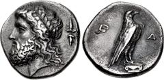 Greek ELIS, Olympia. 107th Olympiad. 352 BC. AR Stater (24mm, 11.72 g, 6h). 'Zeus' mint. Head of Zeus left, wearing laurel wreath; to right, vertical thunderbolt with wings above and volutes below / E