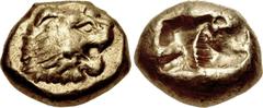 Greek KINGS of LYDIA. Alyattes. Circa 620/10-564/53 BC. EL Hekte – Sixth Stater (10mm, 2.36 g). Sardes mint. Head of roaring lion right, "sun" on forehead / Two incuse squares. Weidauer Group XVII, 10