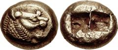 Greek KINGS of LYDIA. temp. Alyattes – Kroisos. Circa 620/10-550/39 BC. EL Trite – Third Stater (12.5mm, 4.74 g). Sardes mint. Head of roaring lion right, "sun" with multiple rays on forehead / Two sq