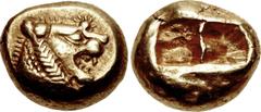 Greek KINGS of LYDIA. temp. Alyattes – Kroisos. Circa 620/10-550/39 BC. EL Trite – Third Stater (12mm, 4.71 g). Sardes mint. Head of roaring lion right, "sun" with multiple rays on forehead / Two squa