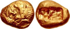 Greek KINGS of LYDIA. Kroisos. Circa 564/53-550/39 BC. AV Stater (17mm, 10.69 g). Heavy standard. Sardes mint. Prototype issue. Confronted foreparts of lion, with "sun" on forehead, and bull / Two inc