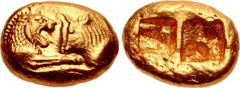 Greek KINGS of LYDIA. Kroisos. Circa 564/53-550/39 BC. AV Stater (18mm, 10.79 g). Heavy standard. Sardes mint. Regular issue. Confronted foreparts of lion and bull / Two incuse squares. Berk 2; Le Rid