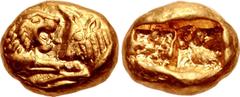 Greek KINGS of LYDIA. Kroisos. Circa 564/53-550/39 BC. AV Sixth Stater (9mm, 1.78 g). Heavy standard. Sardes mint. Confronted foreparts of lion and bull / Two incuse squares. Walburg Group III; Berk 7