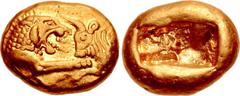 Greek KINGS of LYDIA. Kroisos. Circa 564/53-550/39 BC. AV Stater (15.5mm, 8.05 g). Light standard. Sardes mint. Confronted foreparts of lion and bull / Two incuse squares. Berk 3; Le Rider, Naissance,