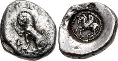 Greek DYNASTS of LYCIA. Uncertain. Circa 480-460 BC. AR Third Stater (13mm, 3.05 g, 6h). Lion seated left, head facing, raising right forepaw; lotus flower to left / Pegasos flying left within incuse 