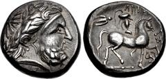 Celtic EASTERN EUROPE, Imitations of Philip II of Macedon. 3rd century BC. AR Tetradrachm (22mm, 13.46 g, 9h). Dreizack und Triskeles type. Uncertain mint in Northeast Hungary. Celticized head of Zeus