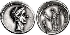Roman Republican The Caesarians. Julius Caesar. 41 BC. AR Denarius (19mm, 4.09 g, 1h). Rome mint; L. Flaminius Chilo, moneyer. Wreathed head of Caesar right / Goddess (Pax or Venus?) standing left, ho