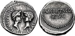 Roman Republican The Triumvirs. Octavian, Divus Julius Caesar, and Agrippa. 38 BC. AR Denarius (19mm, 4.14 g, 7h). Military mint traveling with Agrippa in Gaul or Octavian in Italy. Wreathed head of t