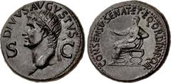 Roman Imperial Divus Augustus. Died AD 14. Æ Dupondius (30mm, 16.64 g, 7h). Rome mint. Struck under Gaius (Caligula), AD 37-41. DIVVS · AVGVSTVS, radiate head left; S C flanking / CONSENSV SENAT · ET 