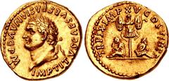 Roman Imperial Titus. AD 79-81. AV Aureus (18.5mm, 7.17 g, 7h). "Judaea Capta" commemorative. Rome mint. Struck 1 January-30 June AD 80. IMP TITVS CΛES VESPASIΛN ΛVG P M, laureate head left / TR P IX 