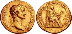 Roman Imperial Trajan. AD 98-117. AV Aureus (19mm, 7.12 g, 7h). Restitution issue of Tiberius. Rome mint. Struck circa AD 107 or 112/113. TI CAESAR DIVI AVG F AVGVSTVS, laureate head of Tiberius right