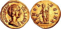 Roman Imperial Manlia Scantilla. Augusta, AD 193. AV Aureus (19mm, 6.59 g, 7h). Rome mint. Struck under Didius Julianus. MANL SCANTILLA AVG, draped bust right / IVNO R EGINA, Juno, veiled and draped, 
