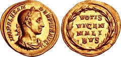 Roman Imperial Severus Alexander. AD 222-235. AV Aureus (21mm, 6.35 g, 12h). Rome mint. 14th emission, AD 231. IMP ALEXAN DER PIVS AVG, laureate, draped, and cuirassed bust right / VOTIS/VICEN/NALI/BV