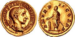 Roman Imperial Gordian III. AD 238-244. AV Aureus (20mm, 5.04 g, 6h). Rome mint, 6th officina. 3rd emission, mid AD 239. IMP CAES M ANT GORDIANVS AVG, laureate, draped, and cuirassed bust right / P M 