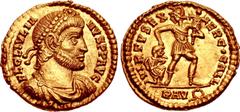 Roman Imperial Julian II. AD 360-363. AV Solidus (19.5mm, 4.33 g, 12h). Ravenna mint. FL CL IVLIA NVS P P AVG, pearl-diademed, draped, and cuirassed bearded bust right / VIRTVS EX ERC • GALL, soldier,
