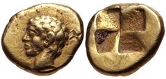Greek MYSIA, Kyzikos. Circa 450-330 BC. EL Hekte – Sixth Stater (11.5mm, 2.59 g). Head of young male left; [below, tunny left] / Quadripartite incuse square. Von Fritze I 143; cf. Greenwell 80 (unlist